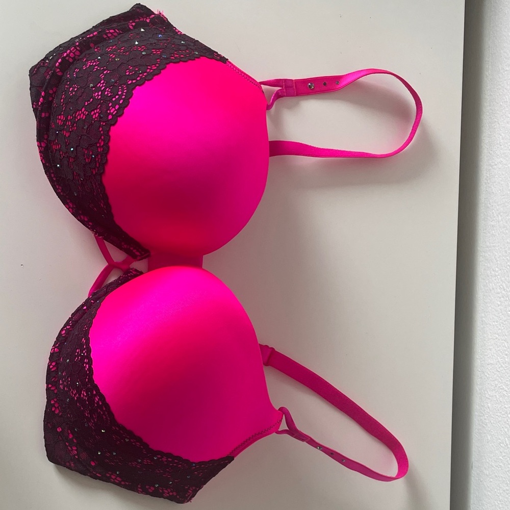 Victoria's Secret Hot Pink and Black Lace Bra